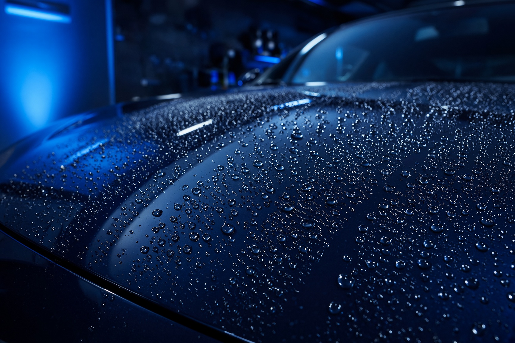 Water beading on ceramic-coated midnight-blue paint