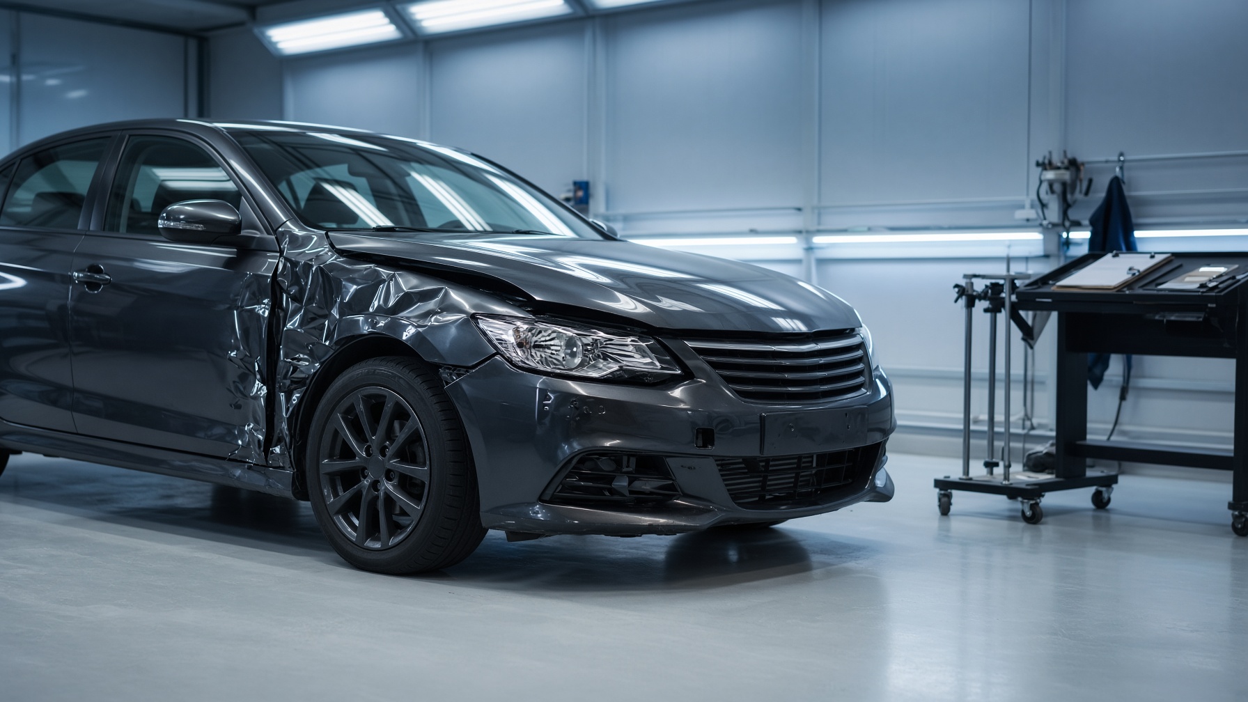Collision-damaged sedan in a Complete Car Cure repair bay
