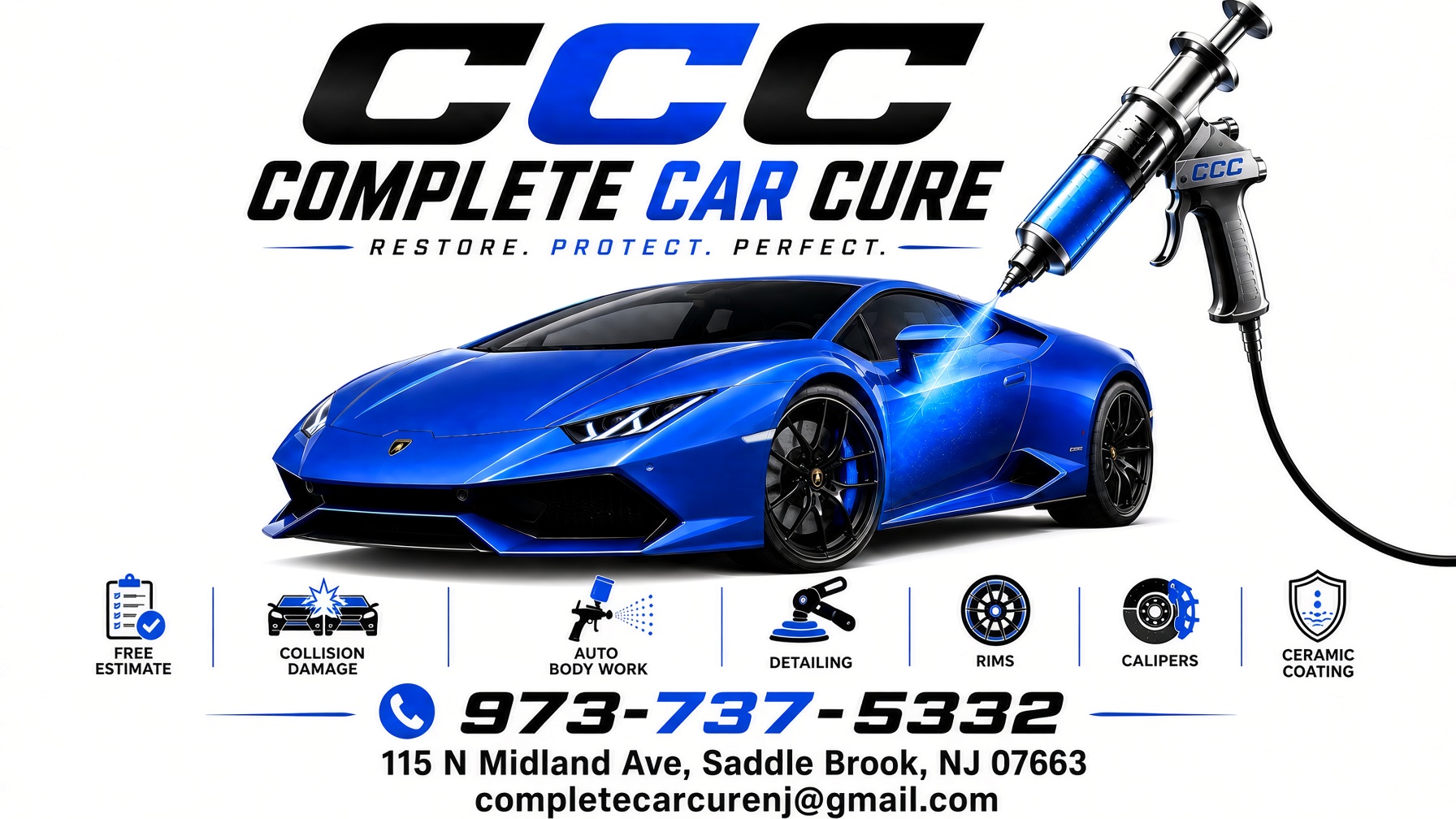 Complete Car Cure front — Lamborghini, spray gun, and specialties