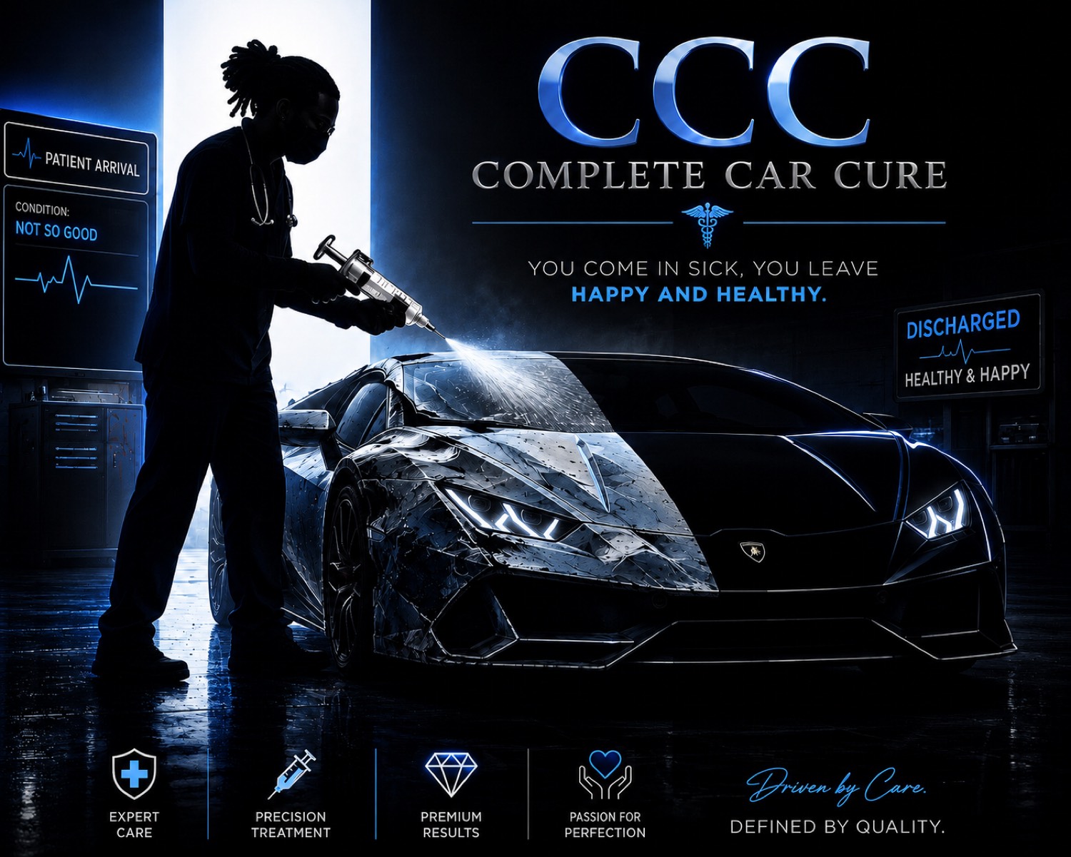 Blue Lamborghini in the Complete Car Cure shop