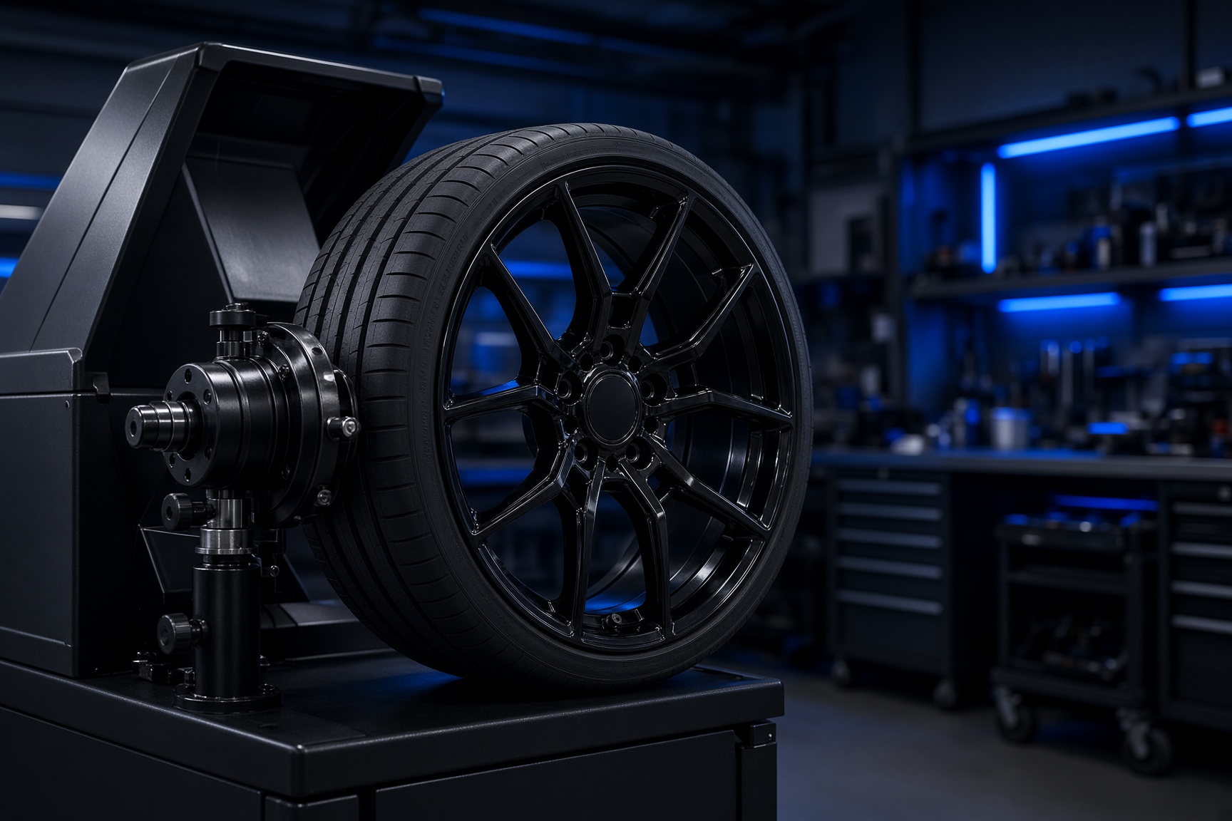 Gloss black alloy wheel on a shop balancing machine